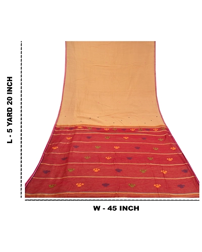Sanskriti Vintage Cream Sarees Cotton Silk Hand-Woven Indian Tant Sari Fabric, PS-58493-Dark Red &amp; Cream-Thread Work-Cotton Silk-1