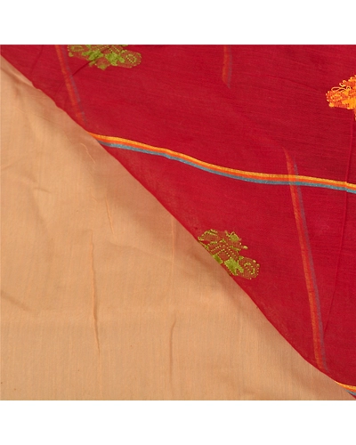 Sanskriti Vintage Cream Sarees Cotton Silk Hand-Woven Indian Tant Sari Fabric, PS-58493-Dark Red &amp; Cream-Thread Work-Cotton Silk-2