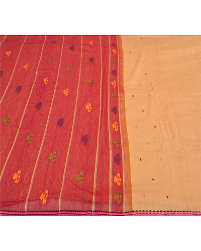 Sanskriti Vintage Cream Sarees Cotton Silk Hand-Woven Indian Tant Sari Fabric, PS-58493-Dark Red &amp; Cream-Thread Work-Cotton Silk-3