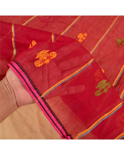Sanskriti Vintage Cream Sarees Cotton Silk Hand-Woven Indian Tant Sari Fabric, PS-58493-Dark Red &amp; Cream-Thread Work-Cotton Silk-4