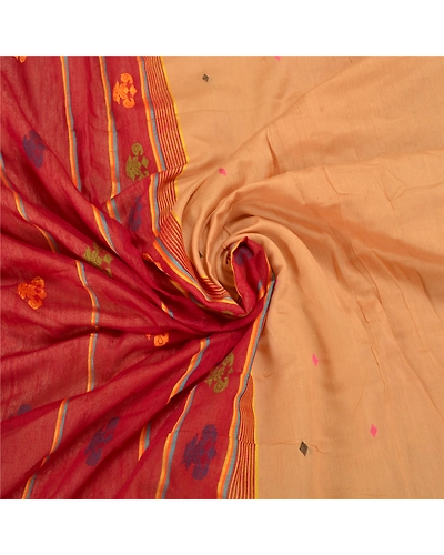 Sanskriti Vintage Cream Sarees Cotton Silk Hand-Woven Indian Tant Sari Fabric, PS-58493-Dark Red &amp; Cream-Thread Work-Cotton Silk-6