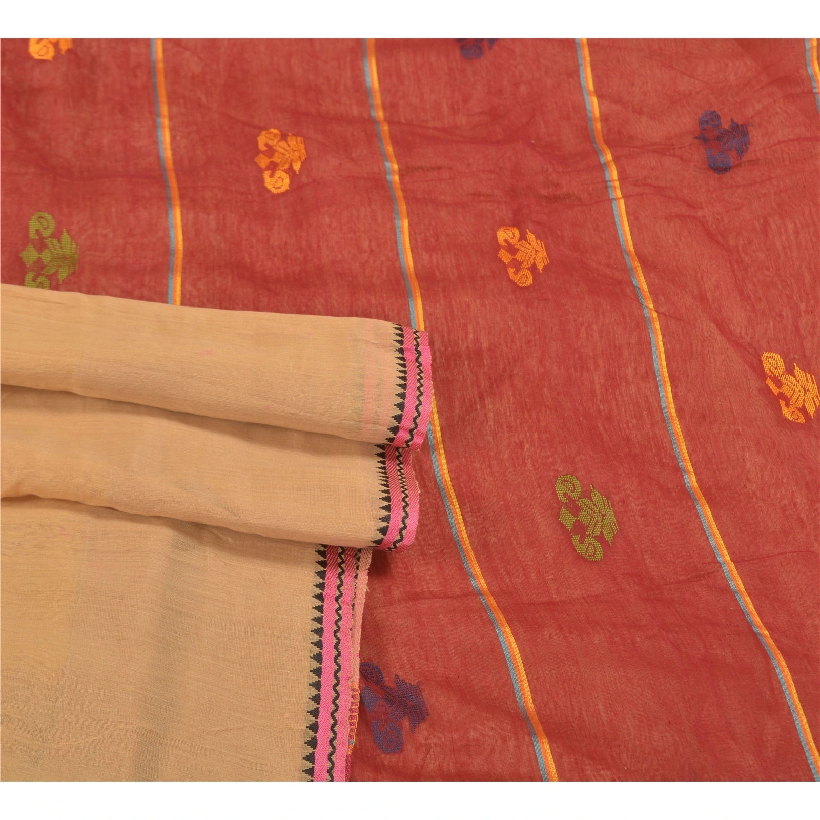 Sanskriti Vintage Cream Sarees Cotton Silk Hand-Woven Indian Tant Sari Fabric, PS-58493-Dark Red &amp; Cream-Thread Work-Cotton Silk-7