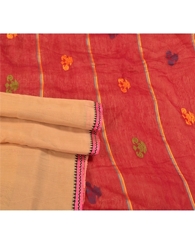 Sanskriti Vintage Cream Sarees Cotton Silk Hand-Woven Indian Tant Sari Fabric, PS-58493-Dark Red &amp; Cream-Thread Work-Cotton Silk-7