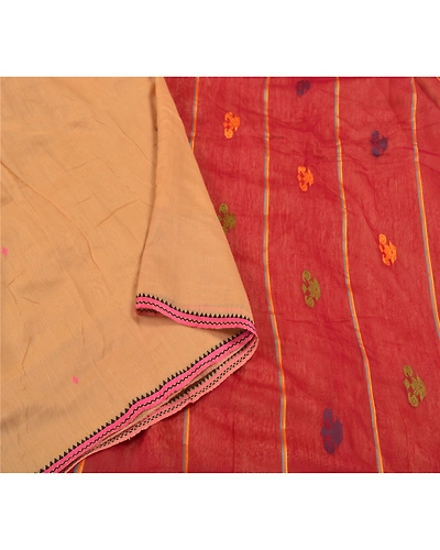 Sanskriti Vintage Cream Sarees Cotton Silk Hand-Woven Indian Tant Sari Fabric, PS-58493-Dark Red &amp; Cream-Thread Work-Cotton Silk-9