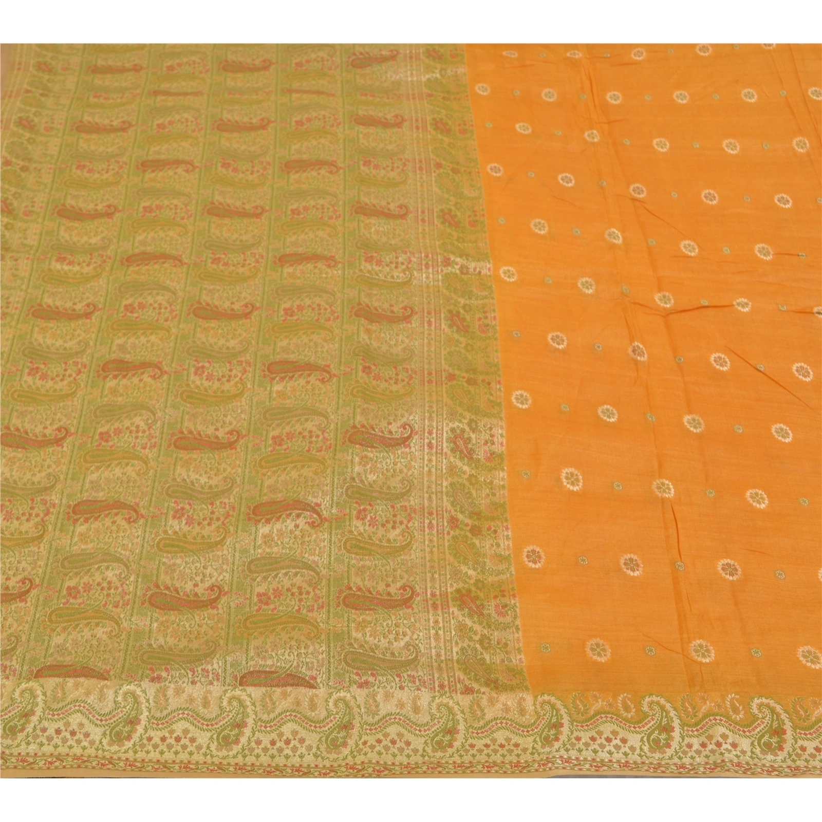 Sanskriti Vintage Saffron Sarees Pure Silk Woven Premium Sari 5 Yard Fabric, PS-58521-Shade Of Saffron-Woven Work-100% Pure Silk-3