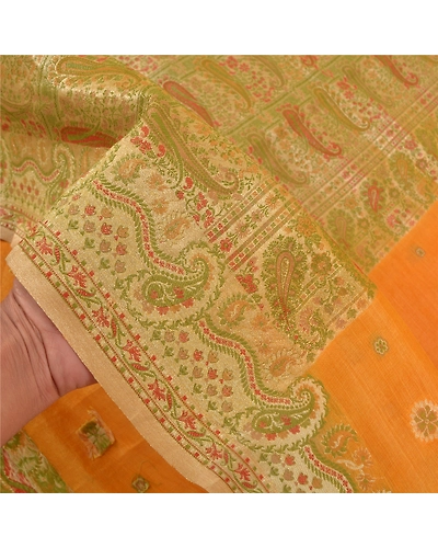 Sanskriti Vintage Saffron Sarees Pure Silk Woven Premium Sari 5 Yard Fabric, PS-58521-Shade Of Saffron-Woven Work-100% Pure Silk-4