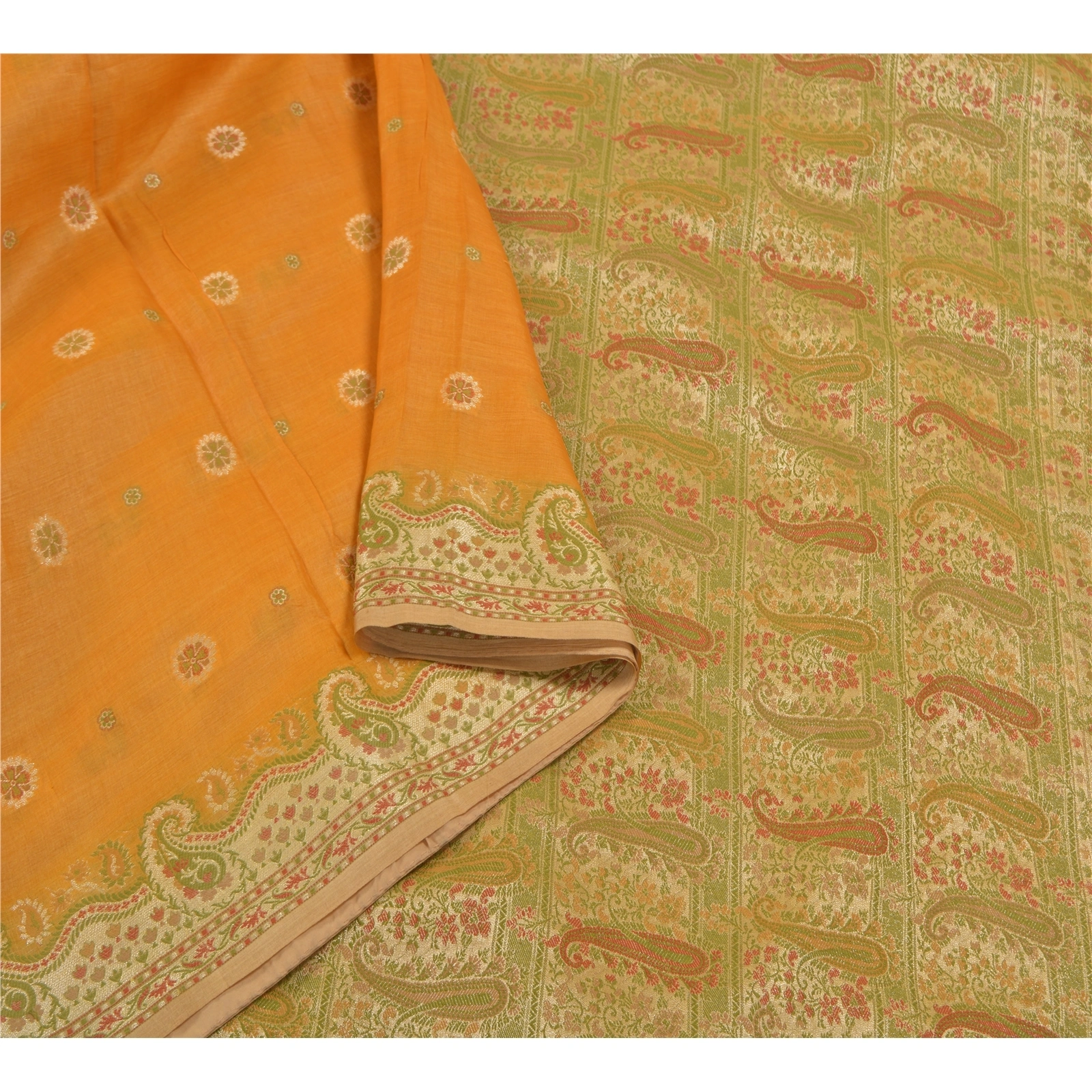 Sanskriti Vintage Saffron Sarees Pure Silk Woven Premium Sari 5 Yard Fabric, PS-58521-Shade Of Saffron-Woven Work-100% Pure Silk-9