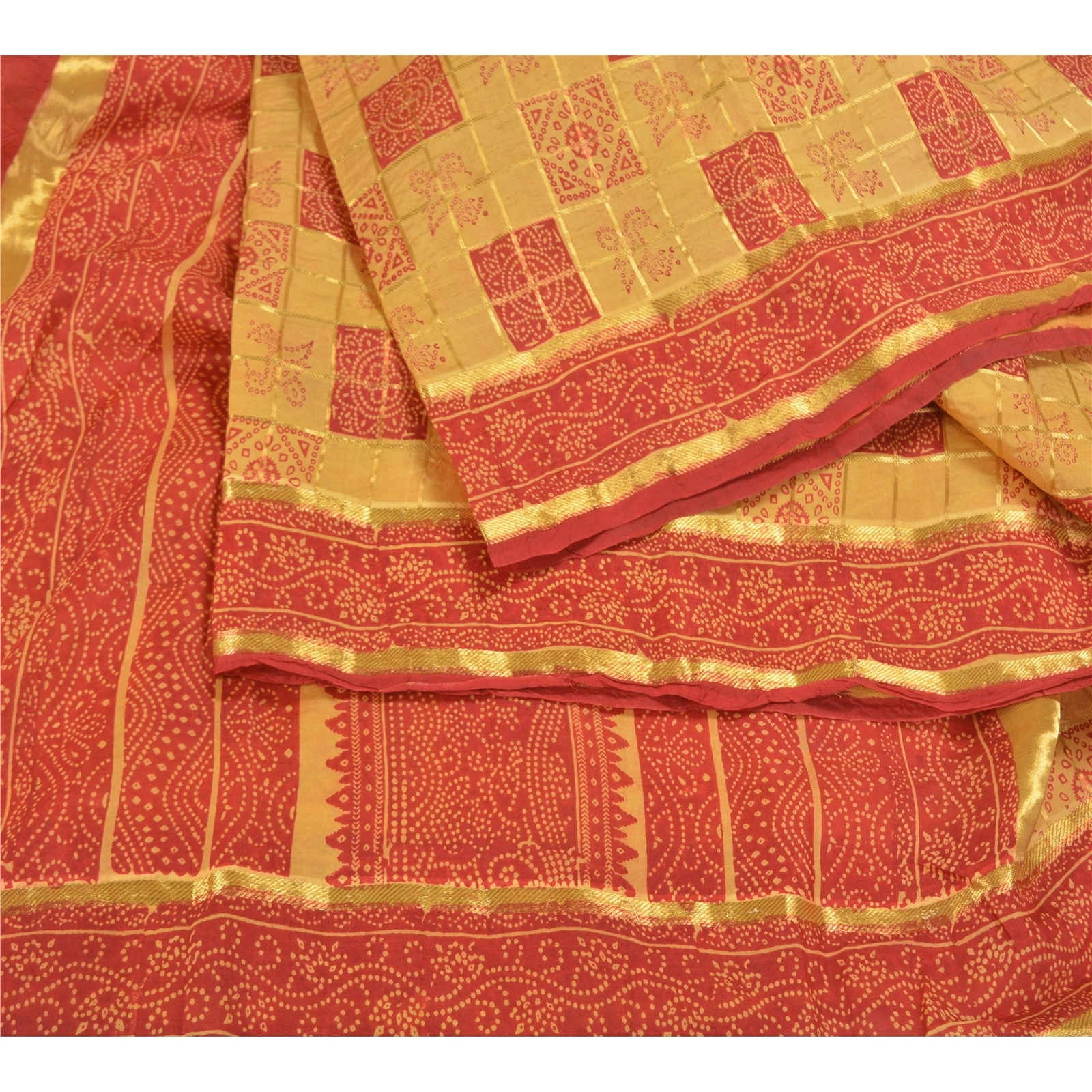 Sanskriti Vintage Red Sarees 100% Pure Silk Bandhani Printed Woven Sari Fabric, PS-58537-Red &amp; Cream-Bandhani Printed Work-100% Pure Silk-2