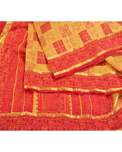 Sanskriti Vintage Red Sarees 100% Pure Silk Bandhani Printed Woven Sari Fabric, PS-58537-Red &amp; Cream-Bandhani Printed Work-100% Pure Silk-2