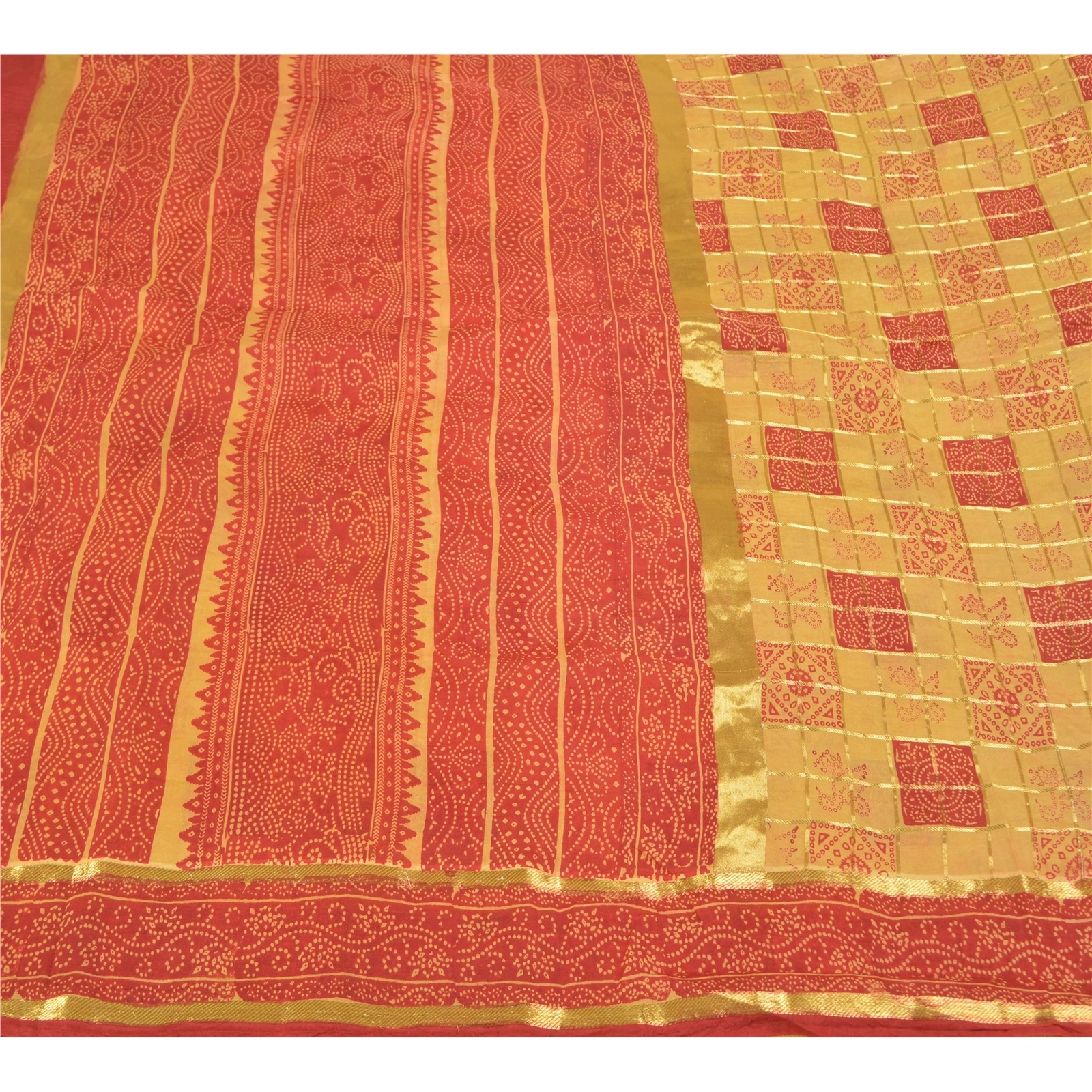 Sanskriti Vintage Red Sarees 100% Pure Silk Bandhani Printed Woven Sari Fabric, PS-58537-Red &amp; Cream-Bandhani Printed Work-100% Pure Silk-4