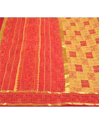 Sanskriti Vintage Red Sarees 100% Pure Silk Bandhani Printed Woven Sari Fabric, PS-58537-Red &amp; Cream-Bandhani Printed Work-100% Pure Silk-4