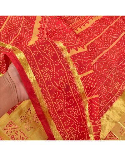 Sanskriti Vintage Red Sarees 100% Pure Silk Bandhani Printed Woven Sari Fabric, PS-58537-Red &amp; Cream-Bandhani Printed Work-100% Pure Silk-5