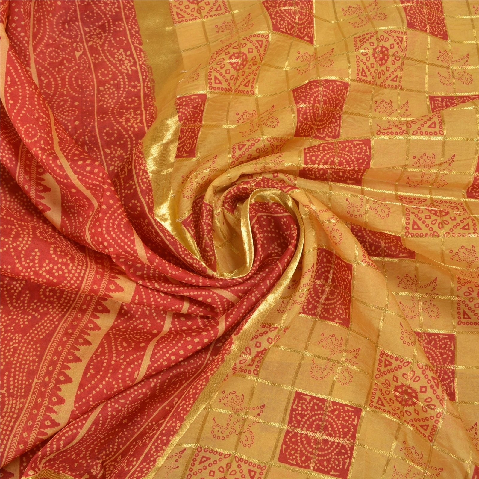 Sanskriti Vintage Red Sarees 100% Pure Silk Bandhani Printed Woven Sari Fabric, PS-58537-Red &amp; Cream-Bandhani Printed Work-100% Pure Silk-7