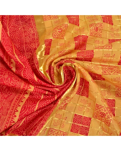Sanskriti Vintage Red Sarees 100% Pure Silk Bandhani Printed Woven Sari Fabric, PS-58537-Red &amp; Cream-Bandhani Printed Work-100% Pure Silk-7