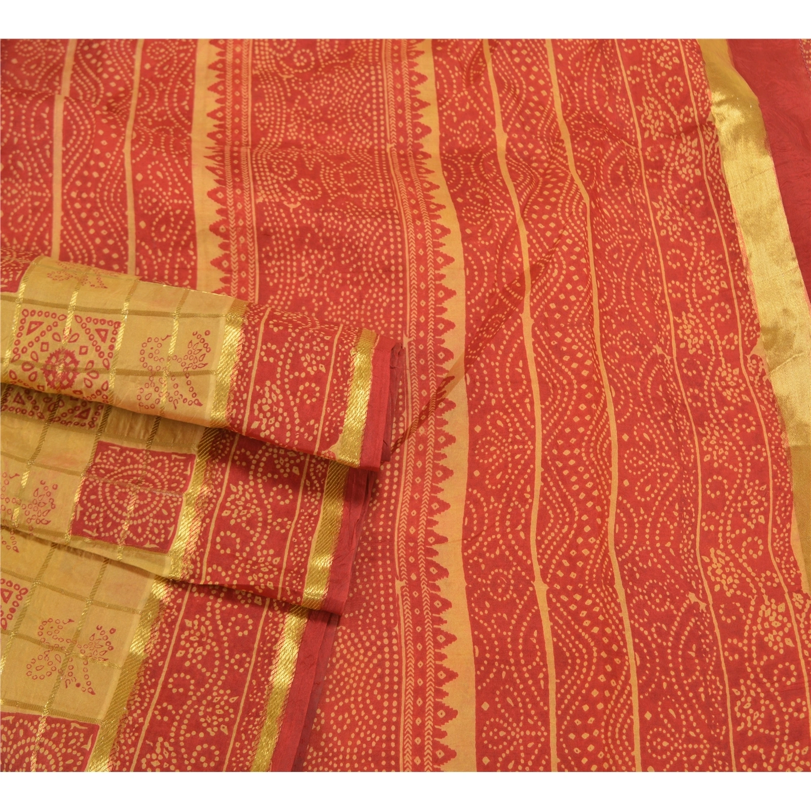 Sanskriti Vintage Red Sarees 100% Pure Silk Bandhani Printed Woven Sari Fabric, PS-58537-Red &amp; Cream-Bandhani Printed Work-100% Pure Silk-8