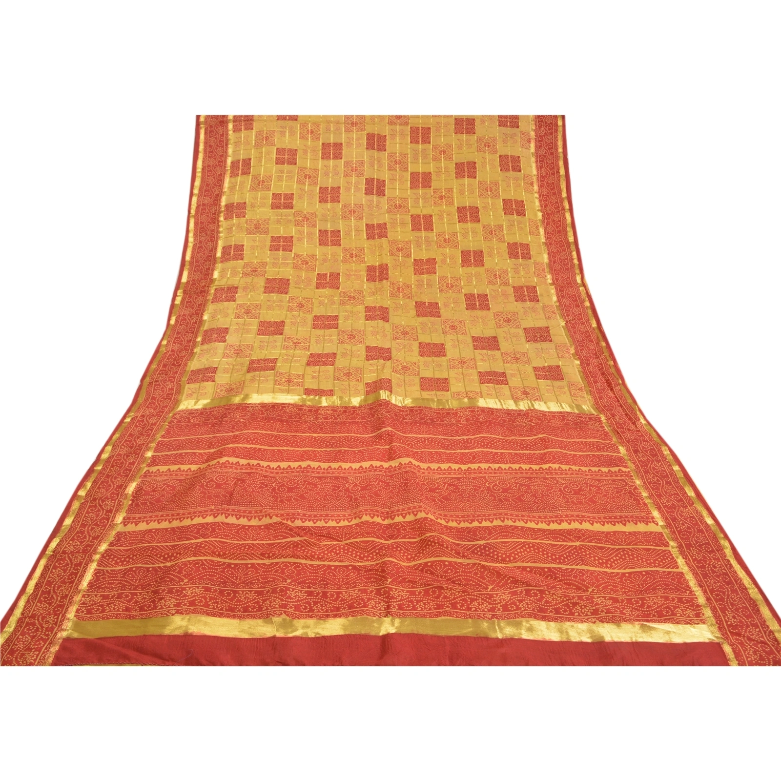 Sanskriti Vintage Red Sarees 100% Pure Silk Bandhani Printed Woven Sari Fabric, PS-58537-Red &amp; Cream-Bandhani Printed Work-100% Pure Silk-9