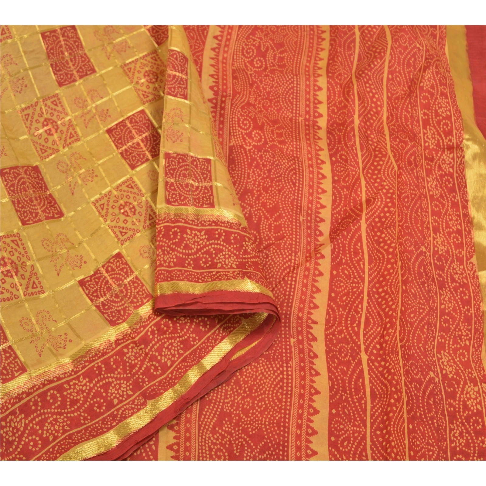 Sanskriti Vintage Red Sarees 100% Pure Silk Bandhani Printed Woven Sari Fabric, PS-58537-Red &amp; Cream-Bandhani Printed Work-100% Pure Silk-10