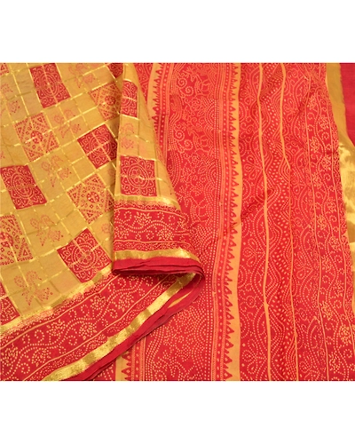 Sanskriti Vintage Red Sarees 100% Pure Silk Bandhani Printed Woven Sari Fabric, PS-58537-Red &amp; Cream-Bandhani Printed Work-100% Pure Silk-10