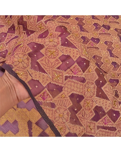Sanskriti Vintage Purple Sarees Pure Organza Silk Hand Beaded Woven Sari Fabric, PS-58539-Purple-Woven Work-100% Pure Organza Silk-4