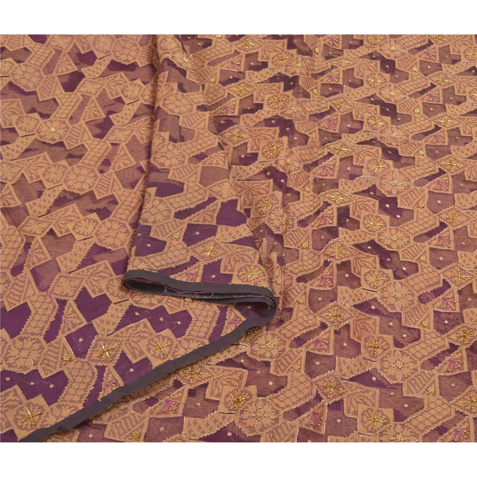 Sanskriti Vintage Purple Sarees Pure Organza Silk Hand Beaded Woven Sari Fabric, PS-58539-Purple-Woven Work-100% Pure Organza Silk-9