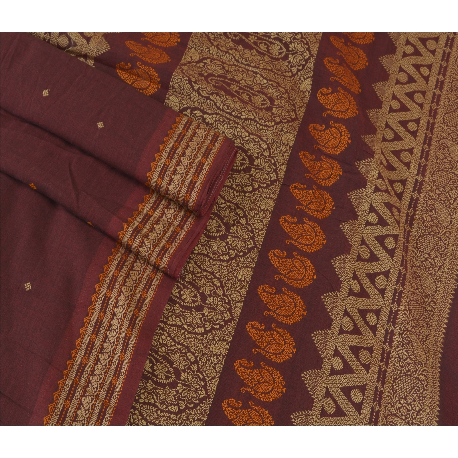 Sanskriti Vintage Dark Red Indian Sarees Pure Cotton Woven Premium Sari Fabric, PS-58553-Dark Red-Woven Work-100% Pure Cotton-7