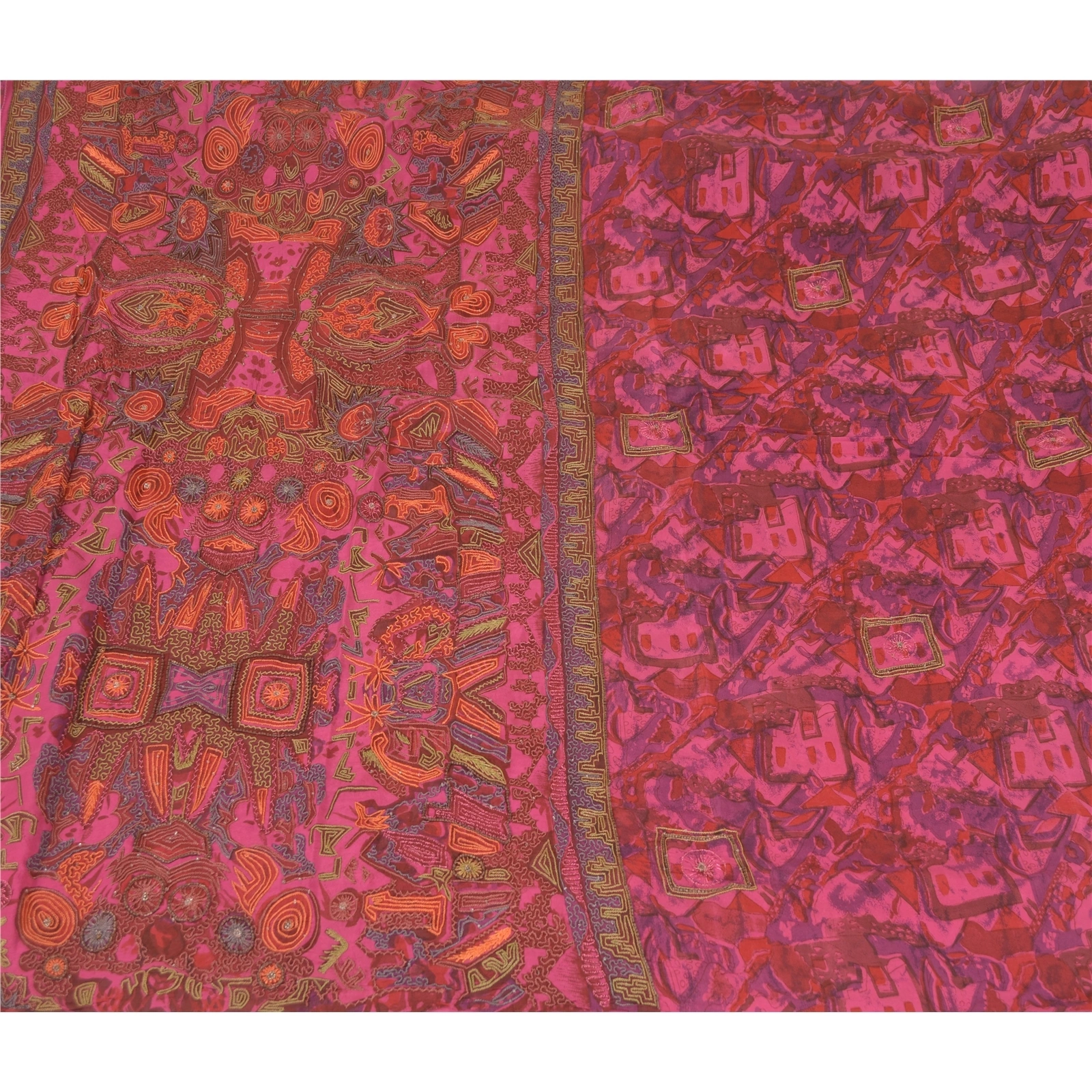 Sanskriti Vintage Pink Sarees Pure Silk Beaded Woven Premium Craft Sari Fabric, PS-58556-Pink-Thread Work-100% Pure Silk-3