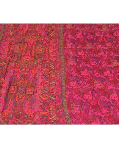 Sanskriti Vintage Pink Sarees Pure Silk Beaded Woven Premium Craft Sari Fabric, PS-58556-Pink-Thread Work-100% Pure Silk-3