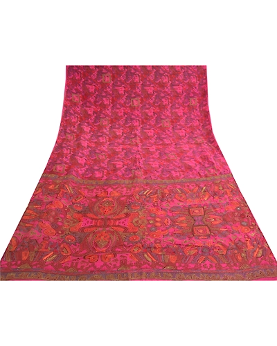 Sanskriti Vintage Pink Sarees Pure Silk Beaded Woven Premium Craft Sari Fabric, PS-58556-Pink-Thread Work-100% Pure Silk-8