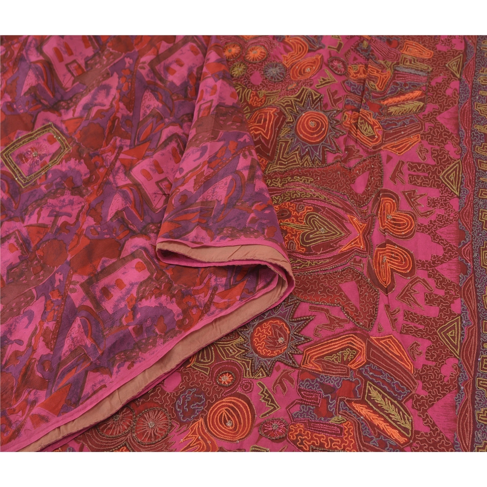 Sanskriti Vintage Pink Sarees Pure Silk Beaded Woven Premium Craft Sari Fabric, PS-58556-Pink-Thread Work-100% Pure Silk-9