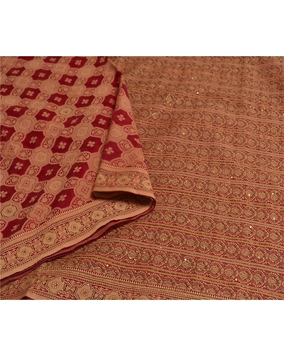 Sanskriti Vintage Dark Red Sarees Pure Silk Beaded Woven Premium Sari Fabric, PS-58557-Dark Red-Woven Work-100% Pure Silk-9