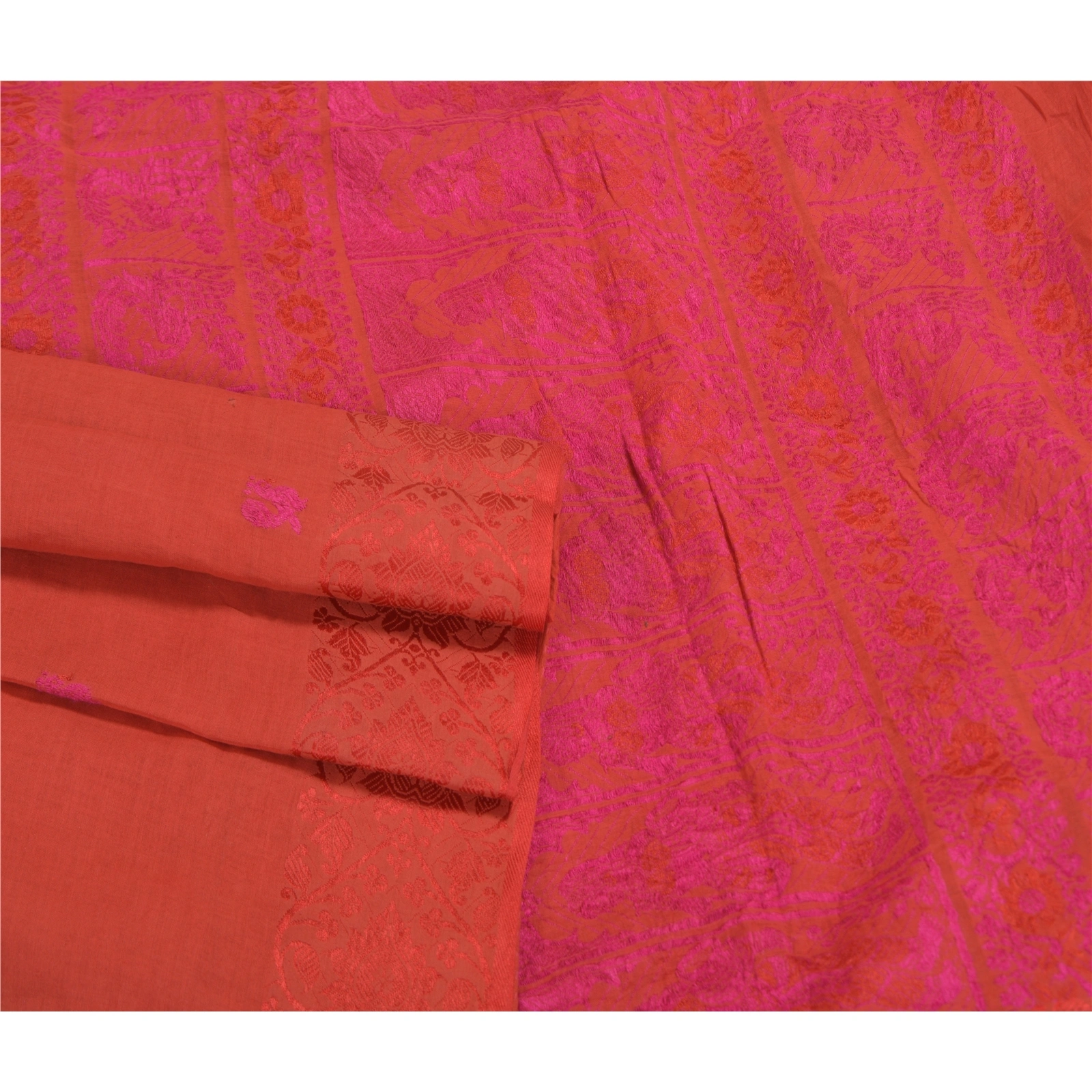 Sanskriti Vintage Orange Sarees Pure Cotton Hand-Woven Premium Sari Craft Fabric, PS-58563-Orange-Woven Work-100% Pure Cotton-7