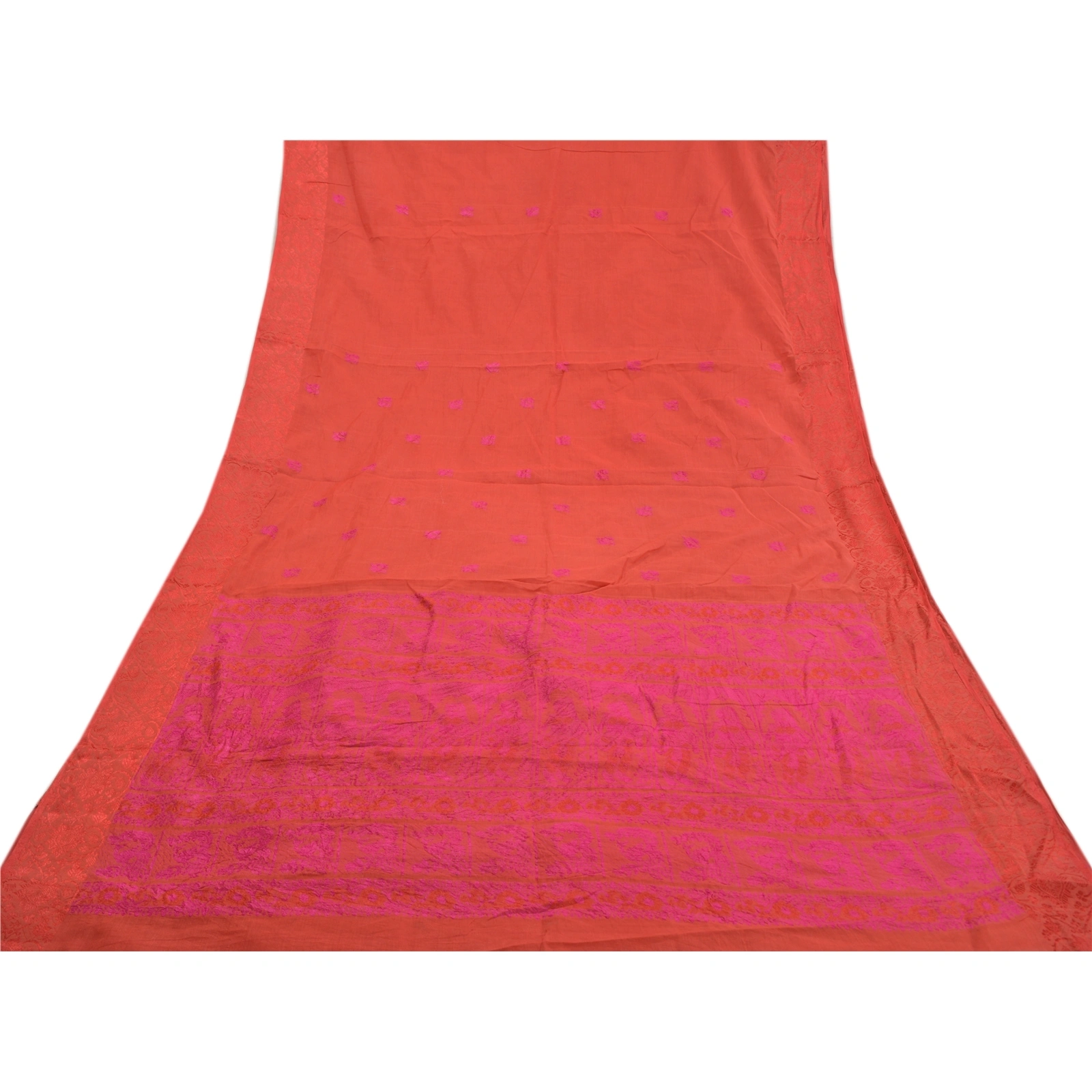 Sanskriti Vintage Orange Sarees Pure Cotton Hand-Woven Premium Sari Craft Fabric, PS-58563-Orange-Woven Work-100% Pure Cotton-8