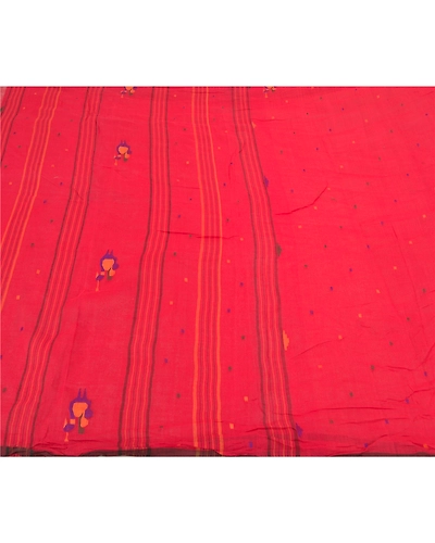 Sanskriti Vintage Dark Red Sarees Pure Cotton Hand-Woven Indian Tant Sari Fabric, PS-58568-Dark Red-Thread Work-100% Pure Cotton-3