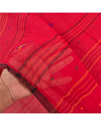 Sanskriti Vintage Dark Red Sarees Pure Cotton Hand-Woven Indian Tant Sari Fabric, PS-58568-Dark Red-Thread Work-100% Pure Cotton-4
