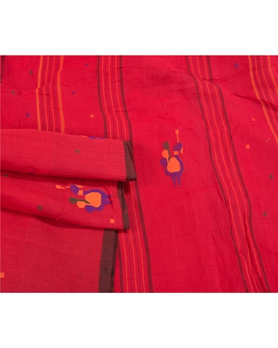 Sanskriti Vintage Dark Red Sarees Pure Cotton Hand-Woven Indian Tant Sari Fabric, PS-58568-Dark Red-Thread Work-100% Pure Cotton-7