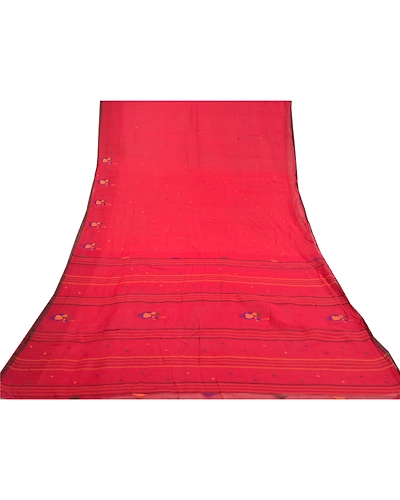 Sanskriti Vintage Dark Red Sarees Pure Cotton Hand-Woven Indian Tant Sari Fabric, PS-58568-Dark Red-Thread Work-100% Pure Cotton-8
