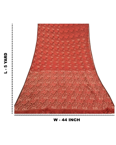 Sanskriti Vintage Brick Red Sarees Pure Organza Silk Woven Premium Sari Fabric, PS-58576-Shade Of Brick Red-Beaded Work-100% Pure Organza Silk-1