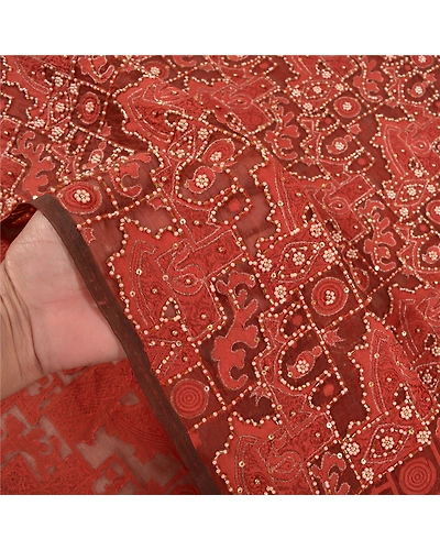 Sanskriti Vintage Brick Red Sarees Pure Organza Silk Woven Premium Sari Fabric, PS-58576-Shade Of Brick Red-Beaded Work-100% Pure Organza Silk-4