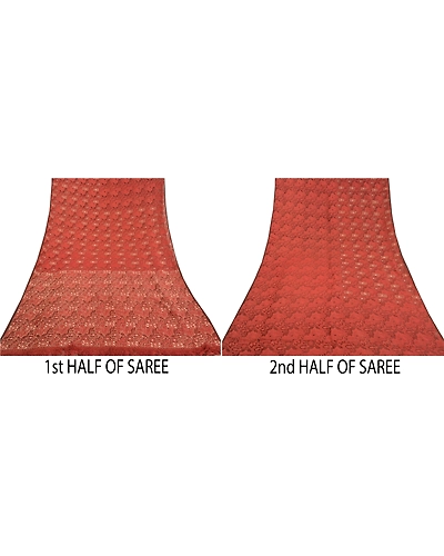 Sanskriti Vintage Brick Red Sarees Pure Organza Silk Woven Premium Sari Fabric, PS-58576-Shade Of Brick Red-Beaded Work-100% Pure Organza Silk-5