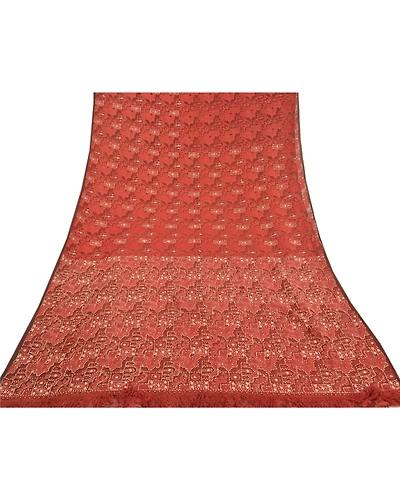 Sanskriti Vintage Brick Red Sarees Pure Organza Silk Woven Premium Sari Fabric, PS-58576-Shade Of Brick Red-Beaded Work-100% Pure Organza Silk-8
