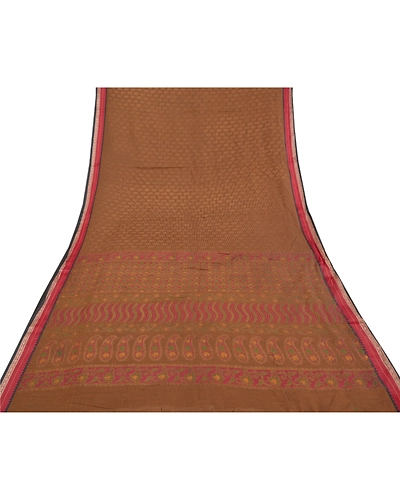Sanskriti Vintage Brown Sarees Cotton Silk Woven Painted Premium Sari Fabric, PS-58582-Brown-Woven Work-Cotton Silk-8