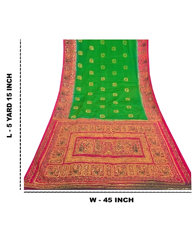 Sanskriti Vintage Green Sarees Art Silk Hand Beaded Premium Sari Craft Fabric, PS-58588-Green &amp; Pink-Sequins Work-Art (Artificial) Silk-1