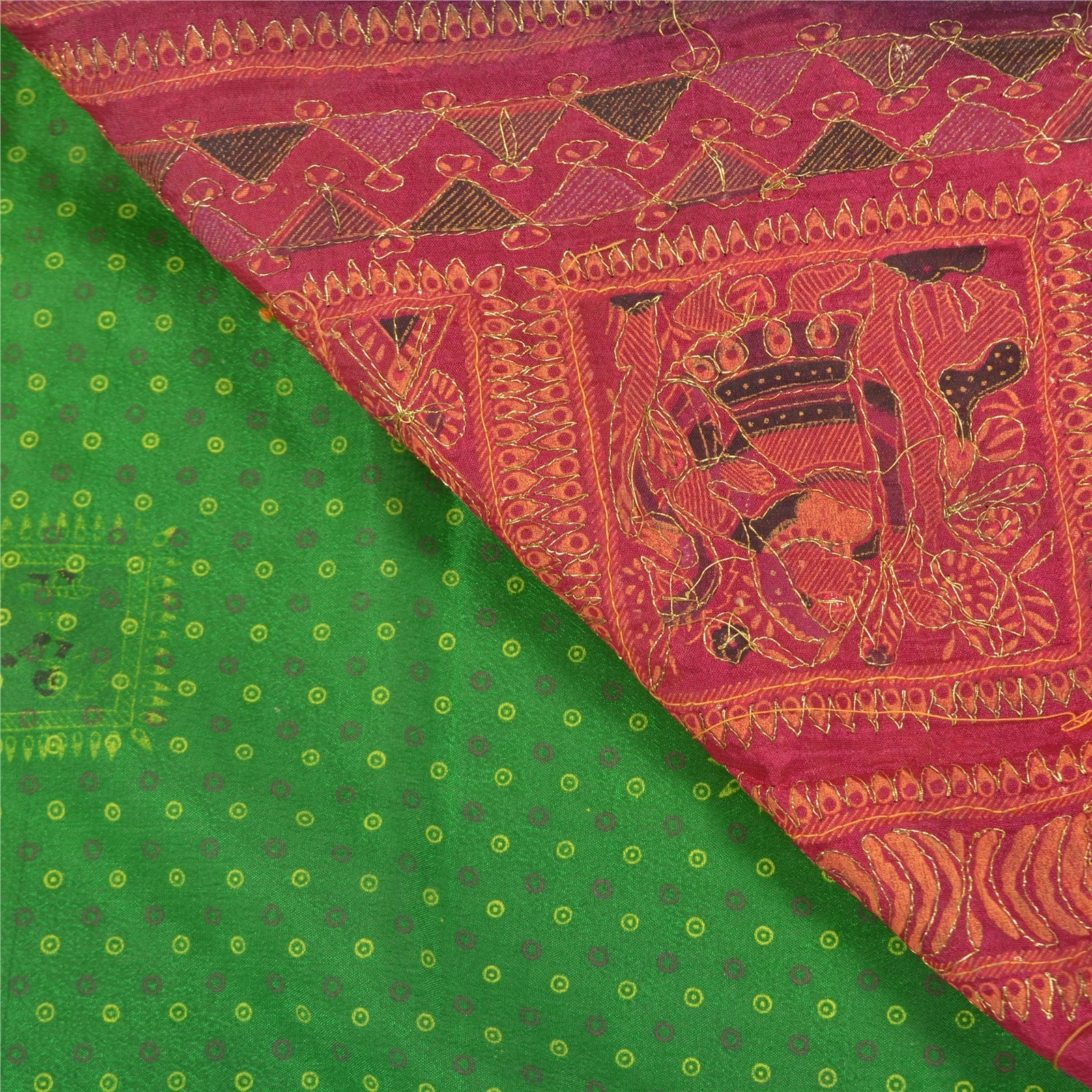 Sanskriti Vintage Green Sarees Art Silk Hand Beaded Premium Sari Craft Fabric, PS-58588-Green &amp; Pink-Sequins Work-Art (Artificial) Silk-2