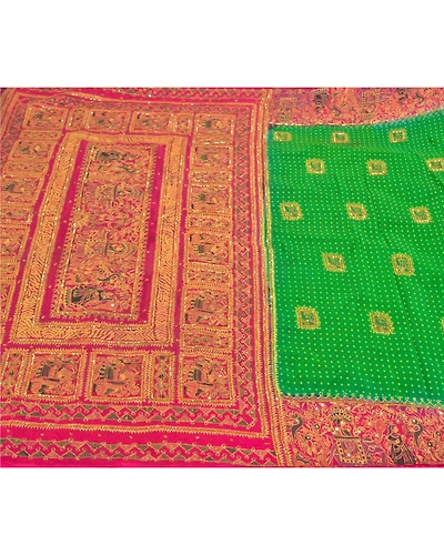 Sanskriti Vintage Green Sarees Art Silk Hand Beaded Premium Sari Craft Fabric, PS-58588-Green &amp; Pink-Sequins Work-Art (Artificial) Silk-3