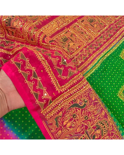 Sanskriti Vintage Green Sarees Art Silk Hand Beaded Premium Sari Craft Fabric, PS-58588-Green &amp; Pink-Sequins Work-Art (Artificial) Silk-4