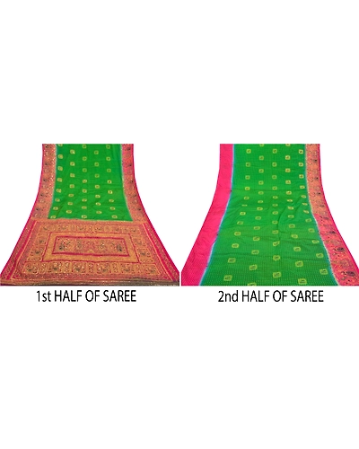 Sanskriti Vintage Green Sarees Art Silk Hand Beaded Premium Sari Craft Fabric, PS-58588-Green &amp; Pink-Sequins Work-Art (Artificial) Silk-5