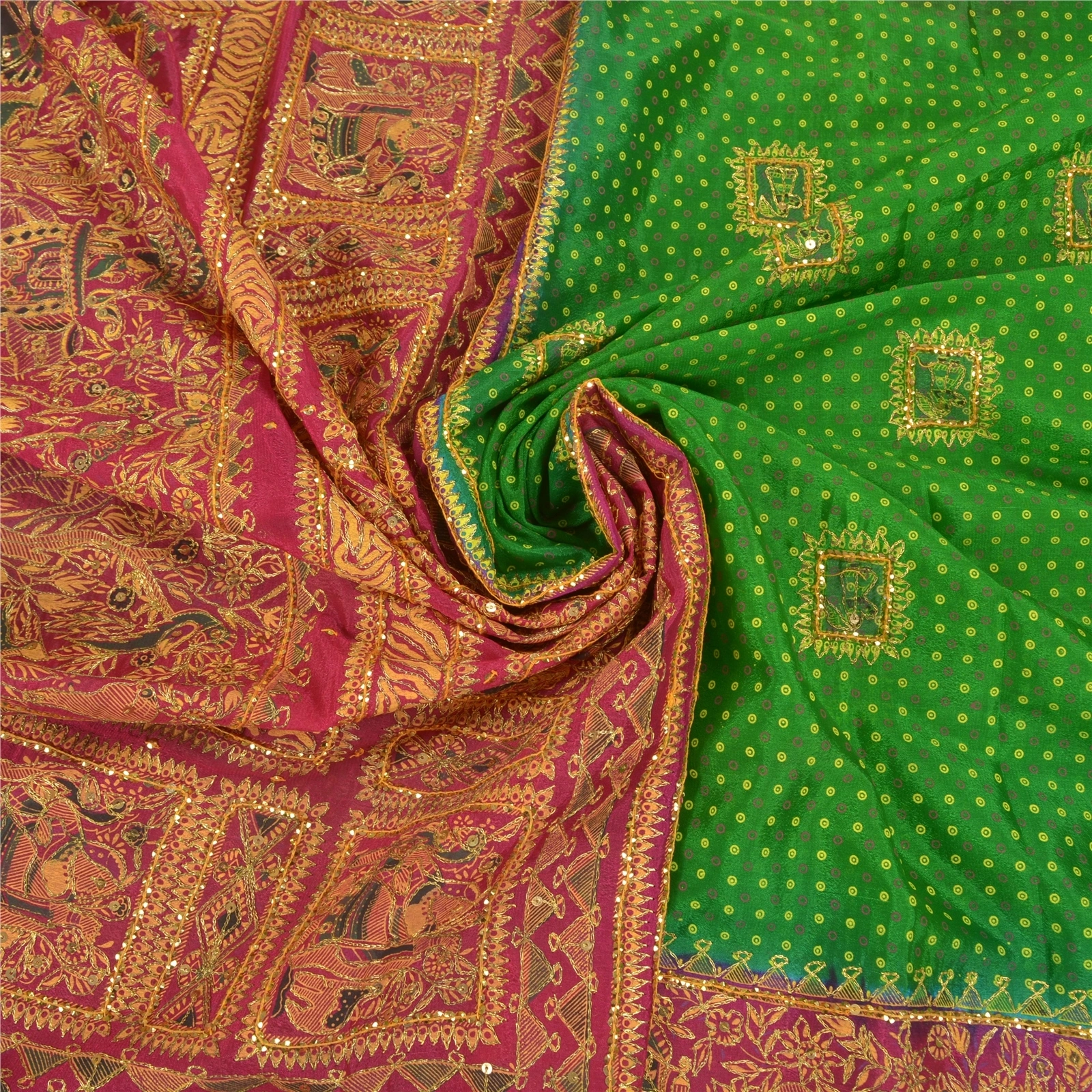 Sanskriti Vintage Green Sarees Art Silk Hand Beaded Premium Sari Craft Fabric, PS-58588-Green &amp; Pink-Sequins Work-Art (Artificial) Silk-6