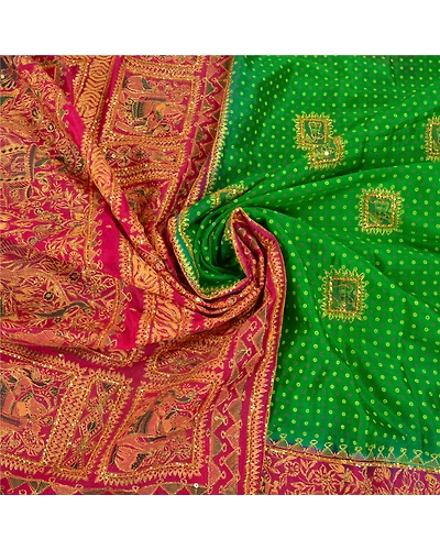 Sanskriti Vintage Green Sarees Art Silk Hand Beaded Premium Sari Craft Fabric, PS-58588-Green &amp; Pink-Sequins Work-Art (Artificial) Silk-6