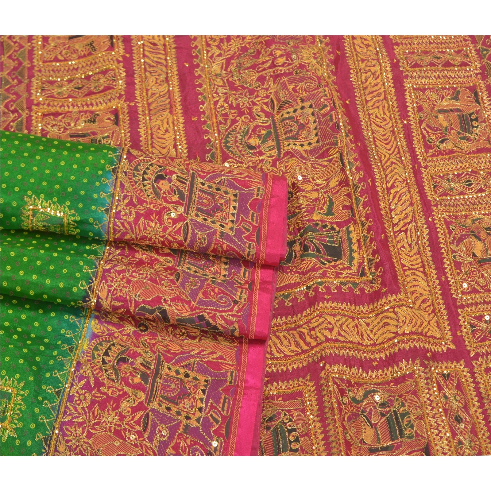 Sanskriti Vintage Green Sarees Art Silk Hand Beaded Premium Sari Craft Fabric, PS-58588-Green &amp; Pink-Sequins Work-Art (Artificial) Silk-7