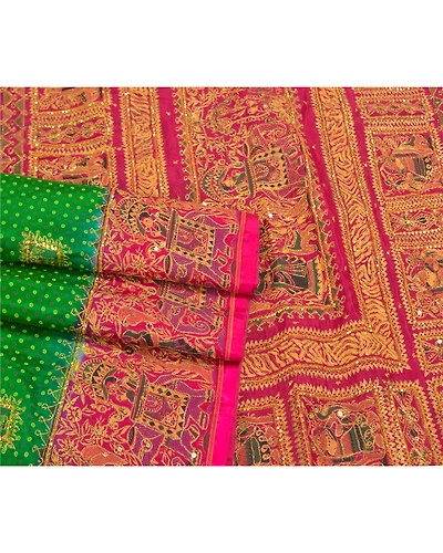 Sanskriti Vintage Green Sarees Art Silk Hand Beaded Premium Sari Craft Fabric, PS-58588-Green &amp; Pink-Sequins Work-Art (Artificial) Silk-7